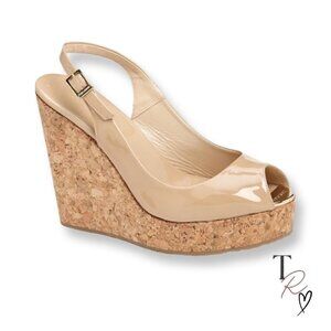 Jimmy Choo Nude Patent Leather Prova Peep Toe Wedge Sandals Size EU 38.5